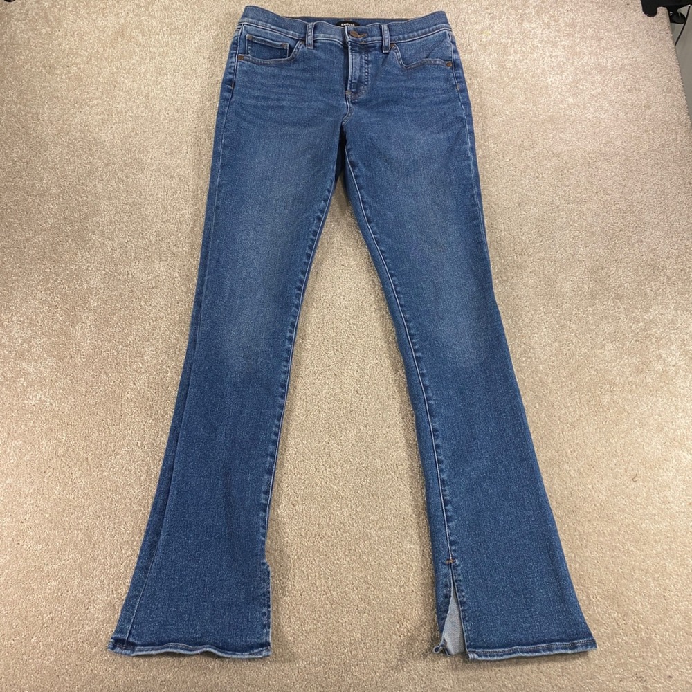 Express Skyscraper Jeans Womens 8R Blue Mid Rise Flare Side Slit Hem
